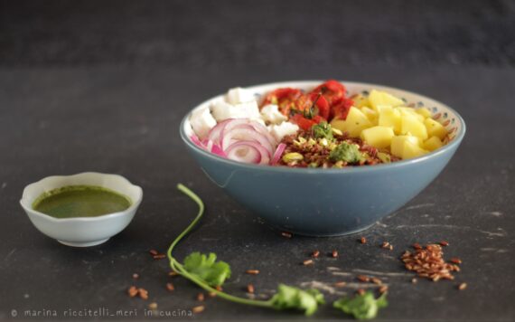 bowl di riso rosso e salsa al coriandolo