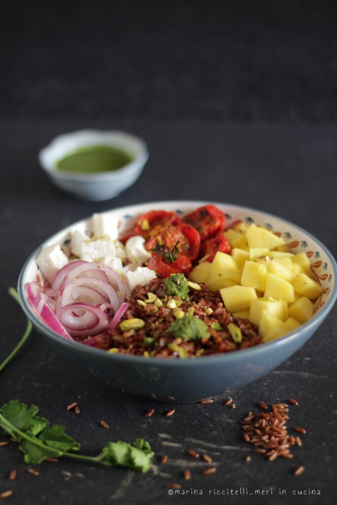bowl di riso rosso e salsa al coriandolo